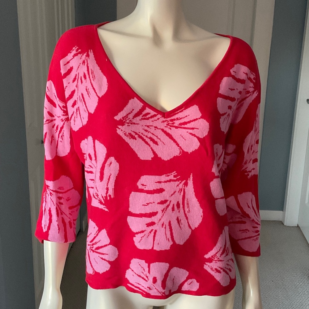Red and pink print v-neck sweater